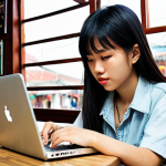 ** A young Vietnamese author at their laptop, writing a romance novel targeted toward teenagers. The scene should capture the vibrant and relatable world of Vietnamese youth culture, perhaps with elements like trendy fashion, popular cafes, or scenic spots in Vietnam.

**