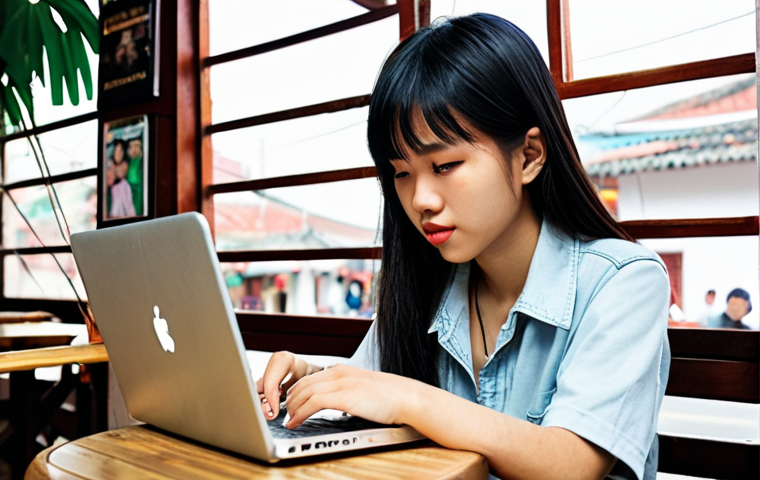** A young Vietnamese author at their laptop, writing a romance novel targeted toward teenagers. The scene should capture the vibrant and relatable world of Vietnamese youth culture, perhaps with elements like trendy fashion, popular cafes, or scenic spots in Vietnam.
**