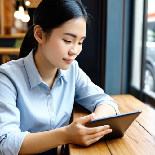 A young Vietnamese professional, fully clothed in a modest, smart casual outfit, is seated comfortably at a sleek wooden table in a bright, modern cafe. They are attentively looking at a tablet displaying a clean, well-designed blog post, where a subtle, naturally integrated native advertisement blends seamlessly with the surrounding content, embodying the concept of understanding reader psychology and natural ad placement. The background shows blurred cafe elements, emphasizing focus on the digital interaction. Perfect anatomy, correct proportions, natural pose, well-formed hands, proper finger count, natural body proportions. Professional photography, high resolution, soft lighting, depth of field. Safe for work, appropriate content, fully clothed, professional, family-friendly.