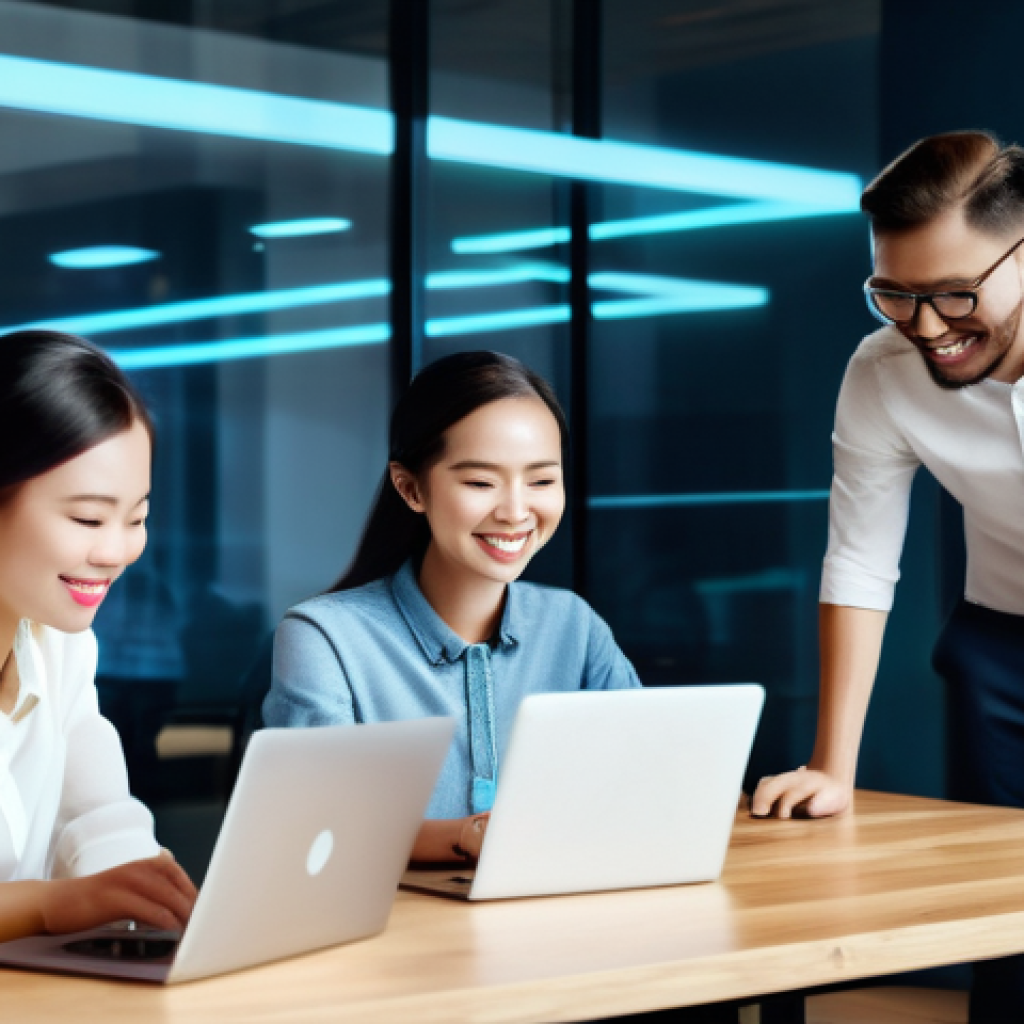 온라인 브랜드 구축 전략 - **Prompt: "A vibrant, panoramic view of a modern co-working space in a bustling Vietnamese city, wit...