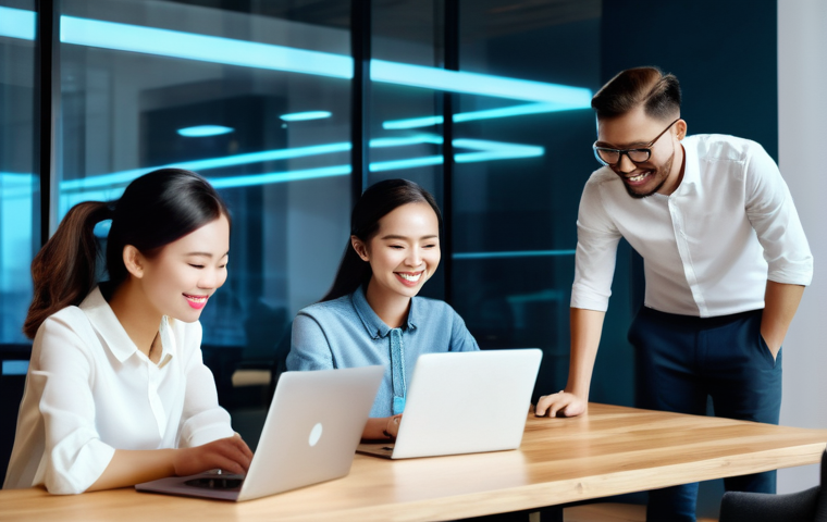 온라인 브랜드 구축 전략 - **Prompt: "A vibrant, panoramic view of a modern co-working space in a bustling Vietnamese city, wit...