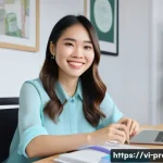 프리미엄 콘텐츠 판매 - A vibrant, dynamic illustration of a young Vietnamese woman, approximately in her late 20s, with a w...