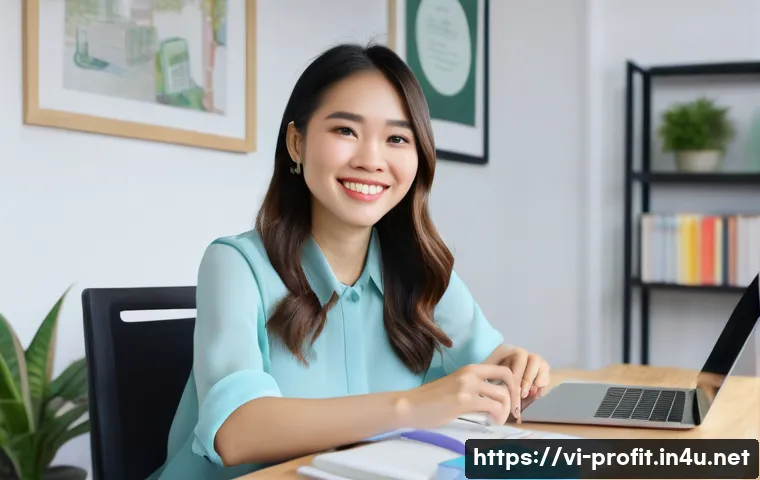 프리미엄 콘텐츠 판매 - A vibrant, dynamic illustration of a young Vietnamese woman, approximately in her late 20s, with a w...