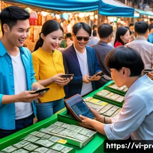 Home 32 온라인 경매 비즈니스 - A vibrant Vietnamese online auction scene showing diverse buyers and sellers engaging in direct and ...
