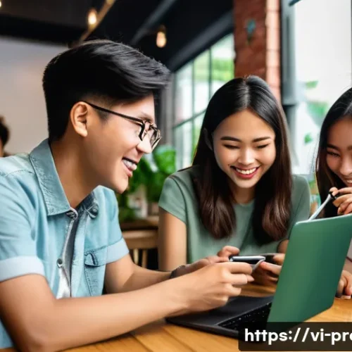 Home 31 브랜디드 콘텐츠 제작 - A vibrant Vietnamese urban café scene featuring young adults aged 18-25 engaging with branded conten...