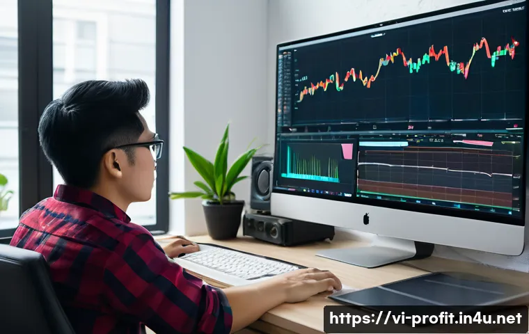 유튜브 광고 수익 - A modern Vietnamese YouTuber workspace setup showing a young adult content creator analyzing YouTube...