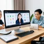 Home 23 온라인 코칭 비즈니스 - A professional Vietnamese online coaching session scene featuring a diverse group of young adult cli...