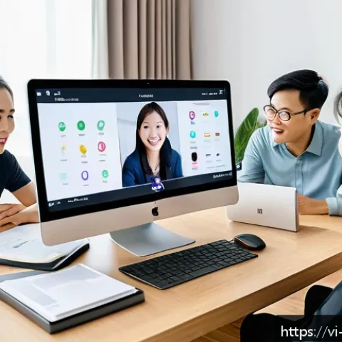 Home 17 온라인 코칭 비즈니스 - A professional Vietnamese online coaching session scene featuring a diverse group of young adult cli...